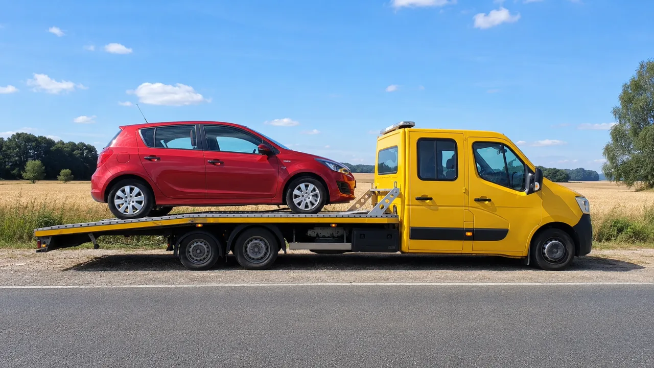 Małe auto wciągane na lawetę – holowanie Łomża