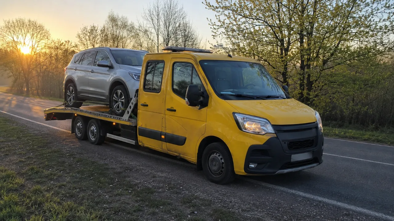 Laweta BANIK-HOL z SUV-em na platformie o wschodzie słońca – Łomża
