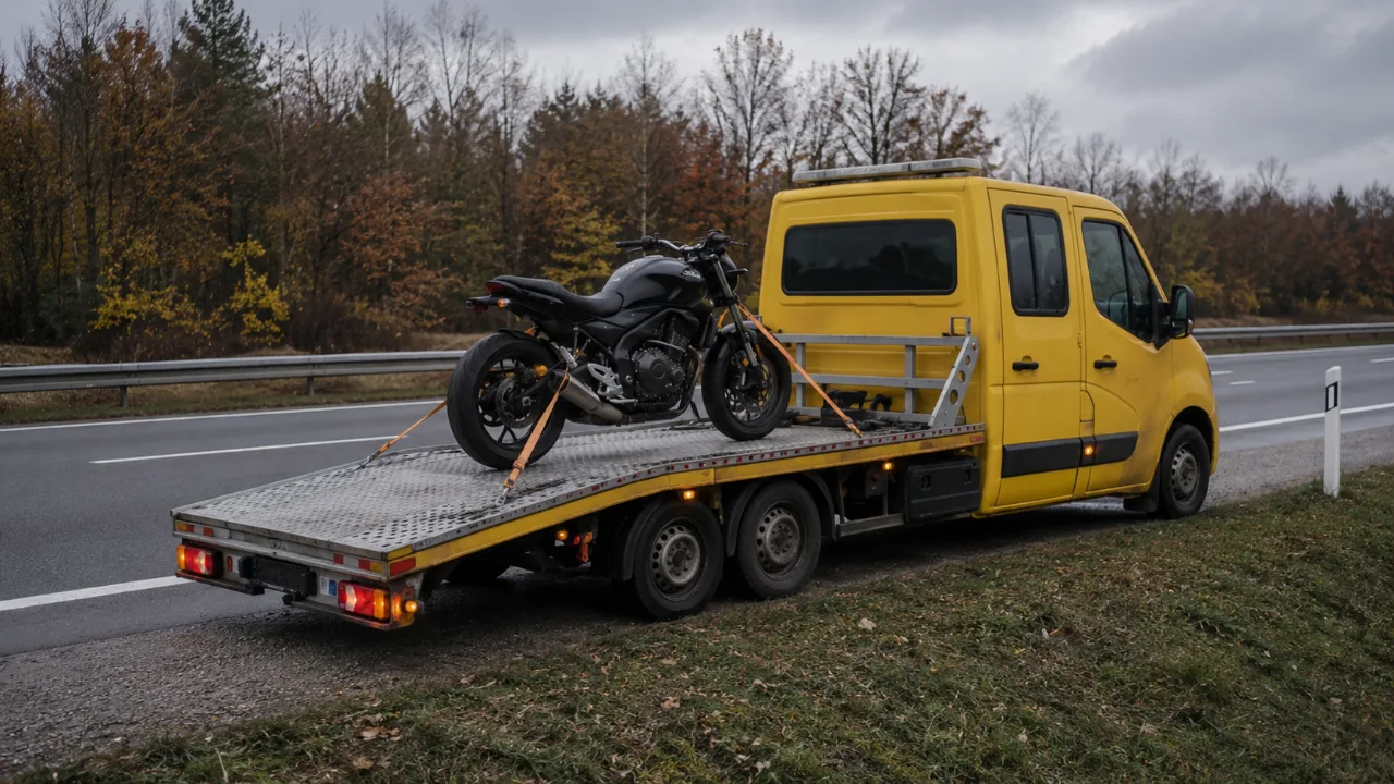 Motocykl zabezpieczony pasami na platformie lawety – Łomża