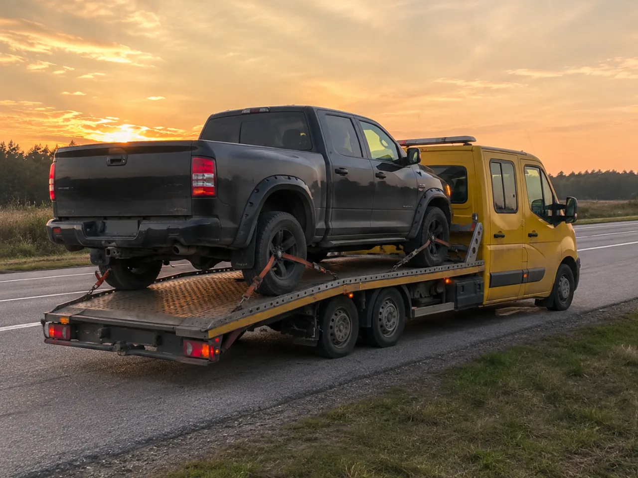 Transport pojazdu na lawecie o zachodzie słońca – Łomża