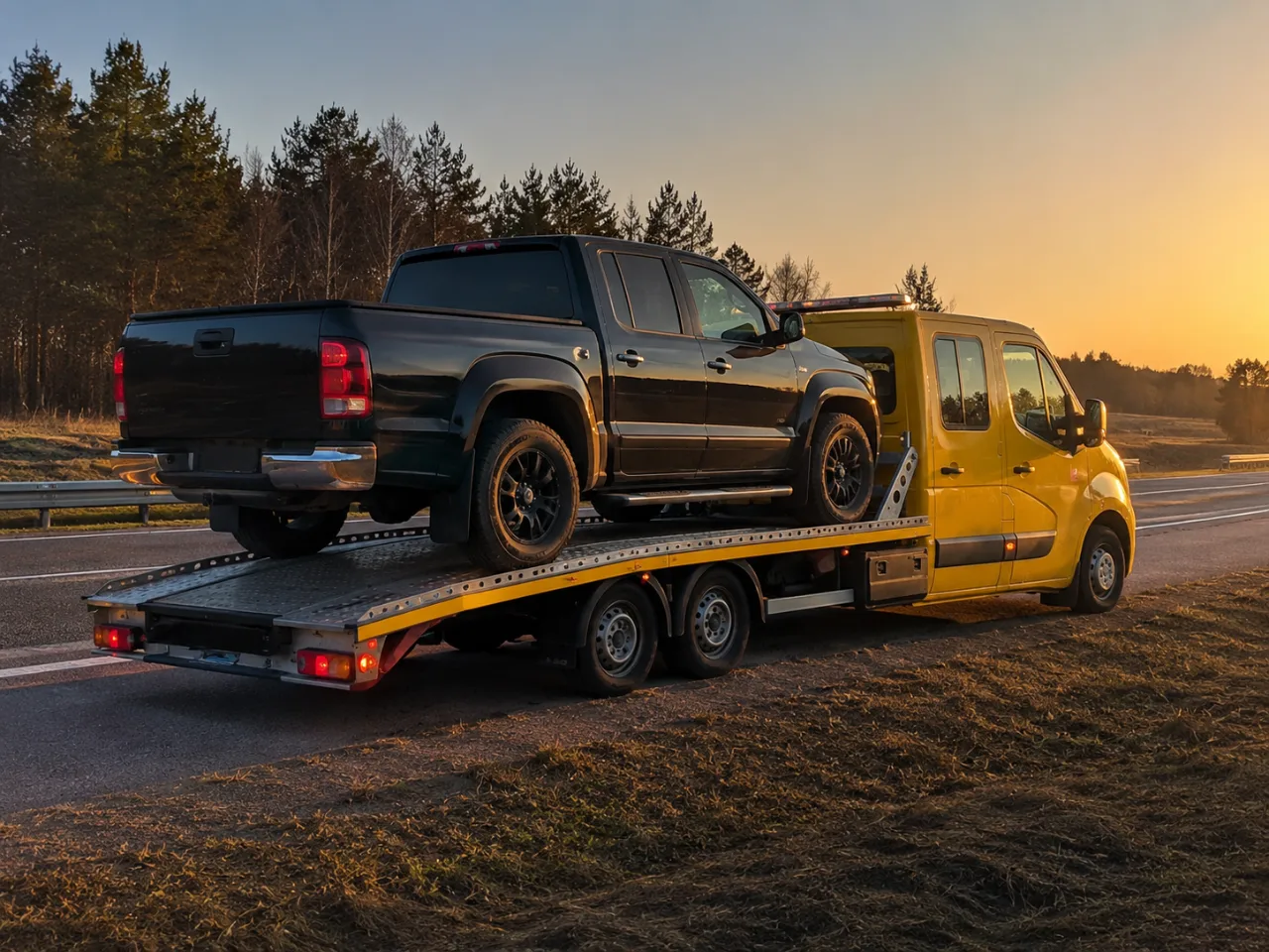 Pickup na lawecie o zachodzie słońca – wyciąganie auta z rowu w Łomży